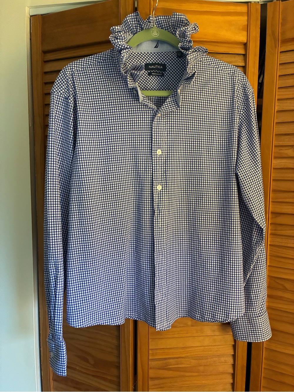 Nautica Blue and White Gingham Button-Down Shirt with Ruffle Collar - Picture 5 of 6